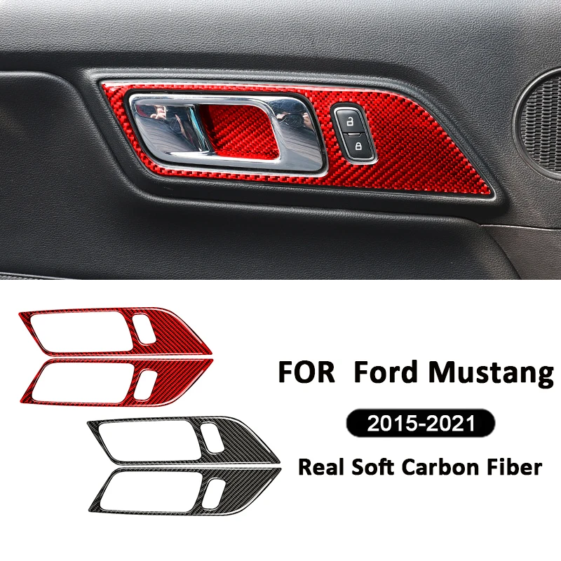 

2PCS Carbon Fiber Car Inner Door Handle Lock Buttons Panel Bowl Frame Decoration Sticker For Ford Mustang 2015-2021 Accessories