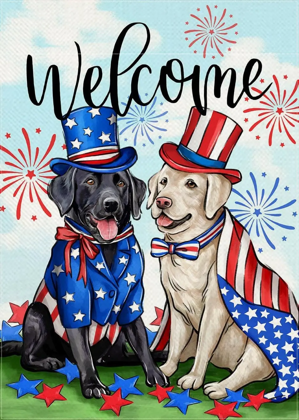 Welcome 4th of July Dog Patriotic Decorative Garden Flag, America USA Black Labrador Puppy Stars Stripes Yard Outside Decora zzo
