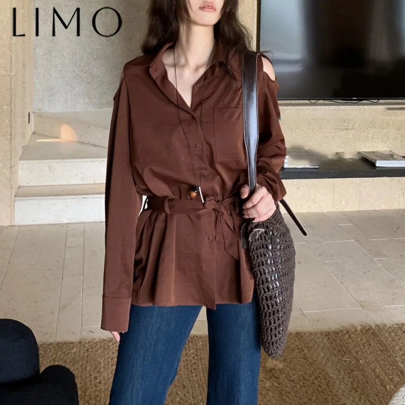 

LIMO Off Shoulder Lace Up Lapel Blouse Top 2025 Spring Summer Fashion Thin Sexy Stylish Solid Color Casual Premium Quality