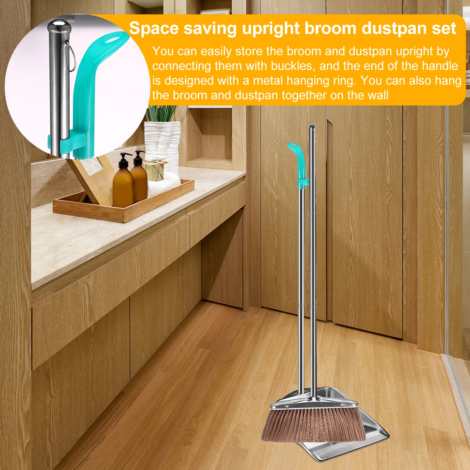 Broom and Dustpan Set with Long Handle Heavy Duty Stainless Steel Dustpan with Broom Space Saving Broom Dustpan Combo Sweeper