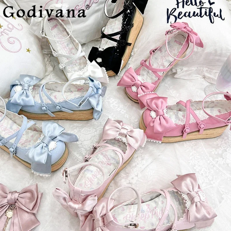 

Original Sweet Lolita High Heels Women's Spring Elegant Bow Waterproof Platform Shoes Student Kawaii Cos Mary Jane Shoes