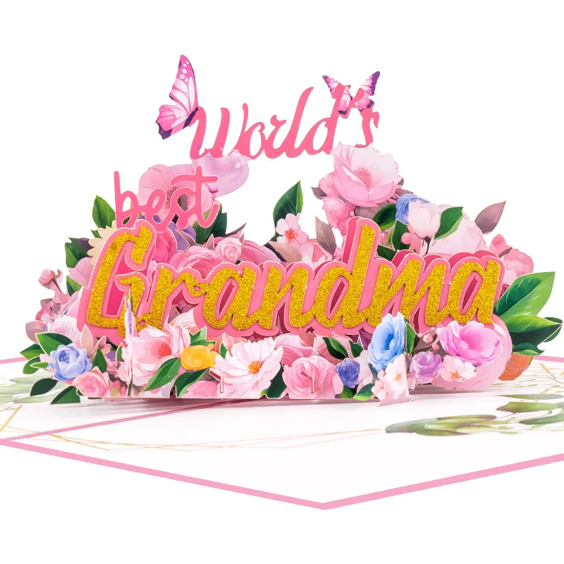 

2Pcs 2026 New Mother's Day Greeting Cards with Flowers for Grandma Pink Card with Butterfly Motif Handmade Paper-Cut Gift Card