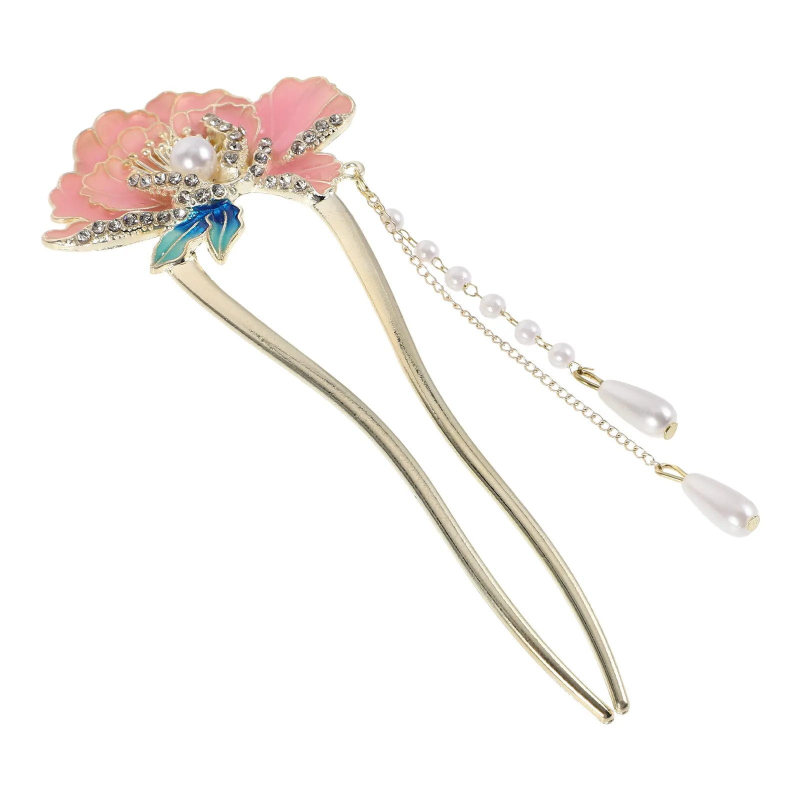 

Enamel Peony Flower U-Shaped Hairpin Chinese Style Hair Decoration Elegant Traditional Hair Accessories for Women