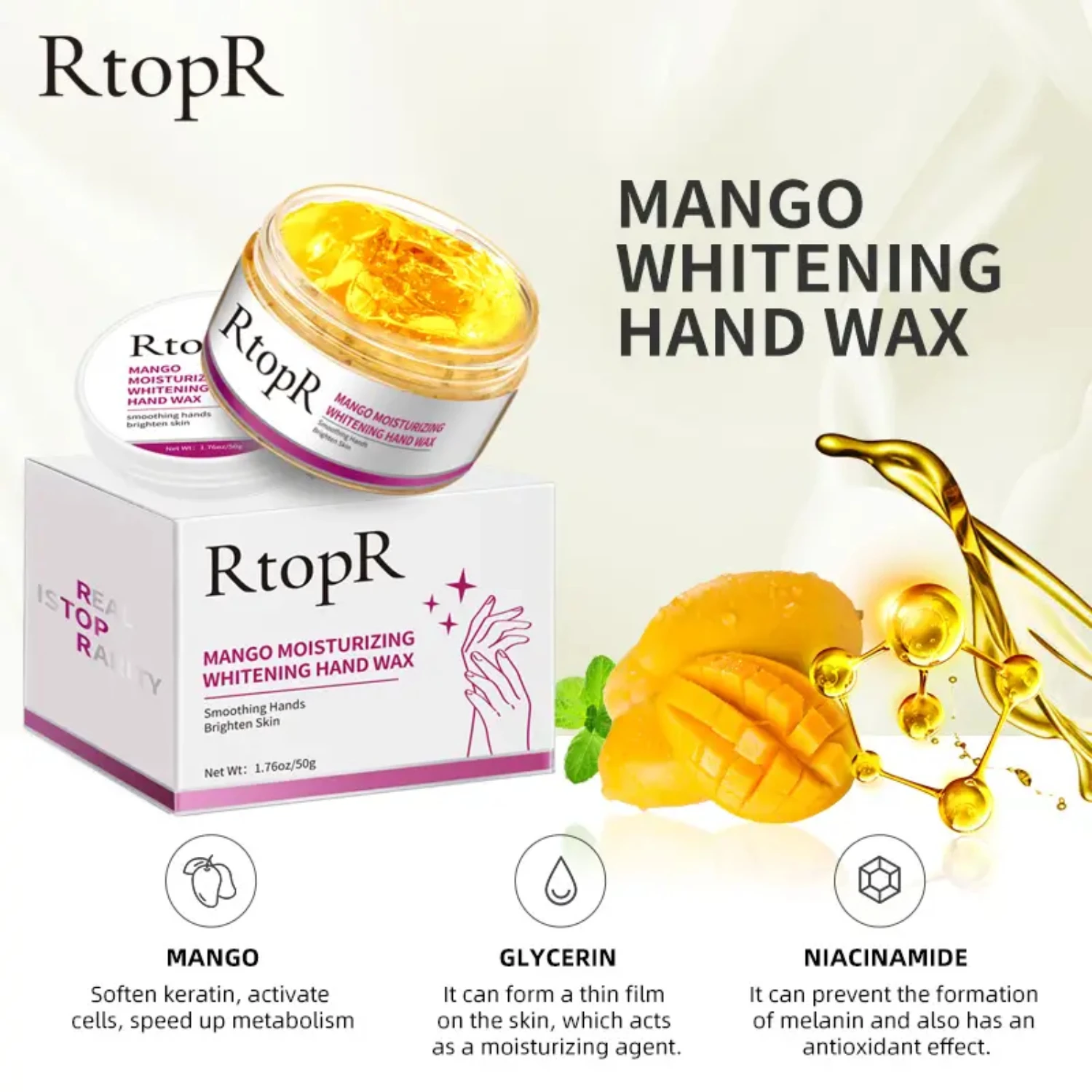 RtopR Whitening Mango Hand Wax - 50g of Exfoliating Properties for Hydrating, Nourishing, and Moisturized, Silky Smooth Hands