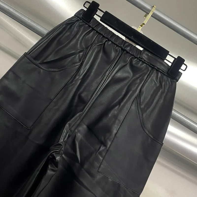 ANJY 2026 Spring Autumn New Women American Heavy-Duty Multi-Pocket Design PU Leather Straight Pants Versatile Safri Style A19121
