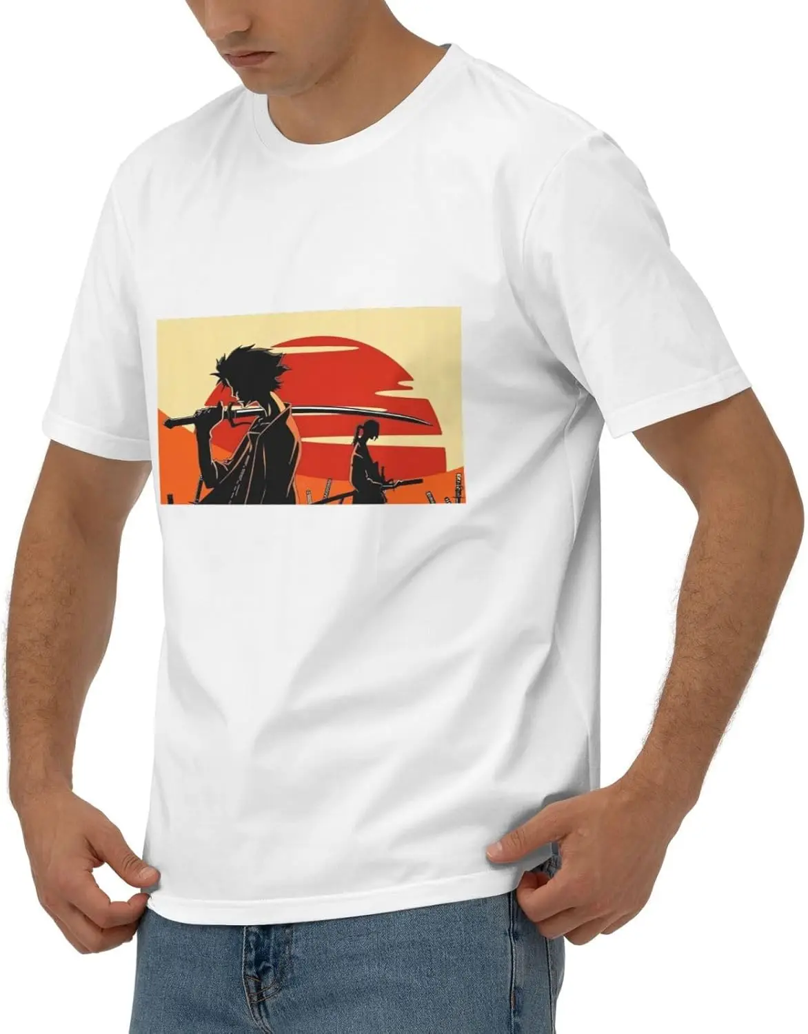 Camiseta de manga corta de algodón para hombre, camisa de Anime Samurai Champloo, cuello redondo, color negro