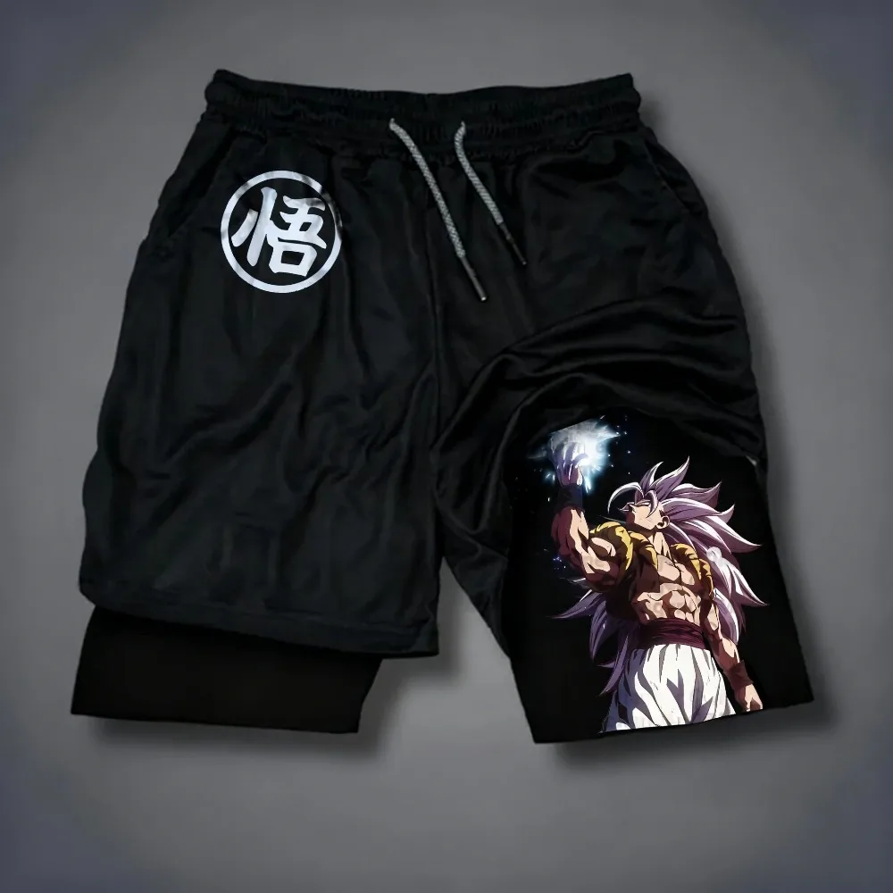 Dragon Ball Men's Double-layer Shorts Son Goku Summer Anime Fake Two-piece Sports Fitness Quick-drying Shorts Oversize GYM Pants