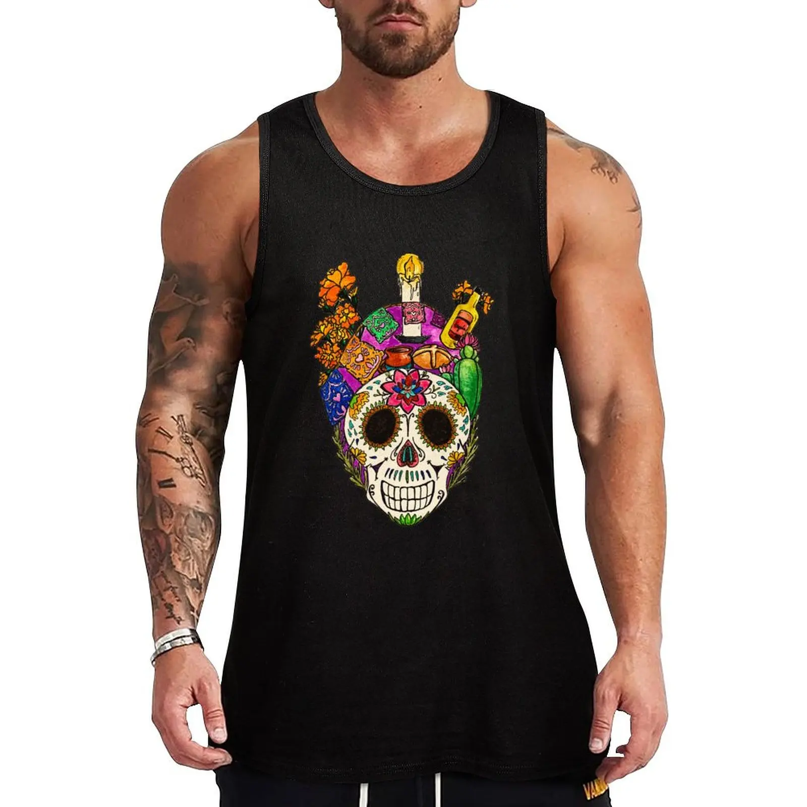 Dia De Los Muertos Heart Tank Top T-shirt Men's gym vest men plain t-shirt sports vest