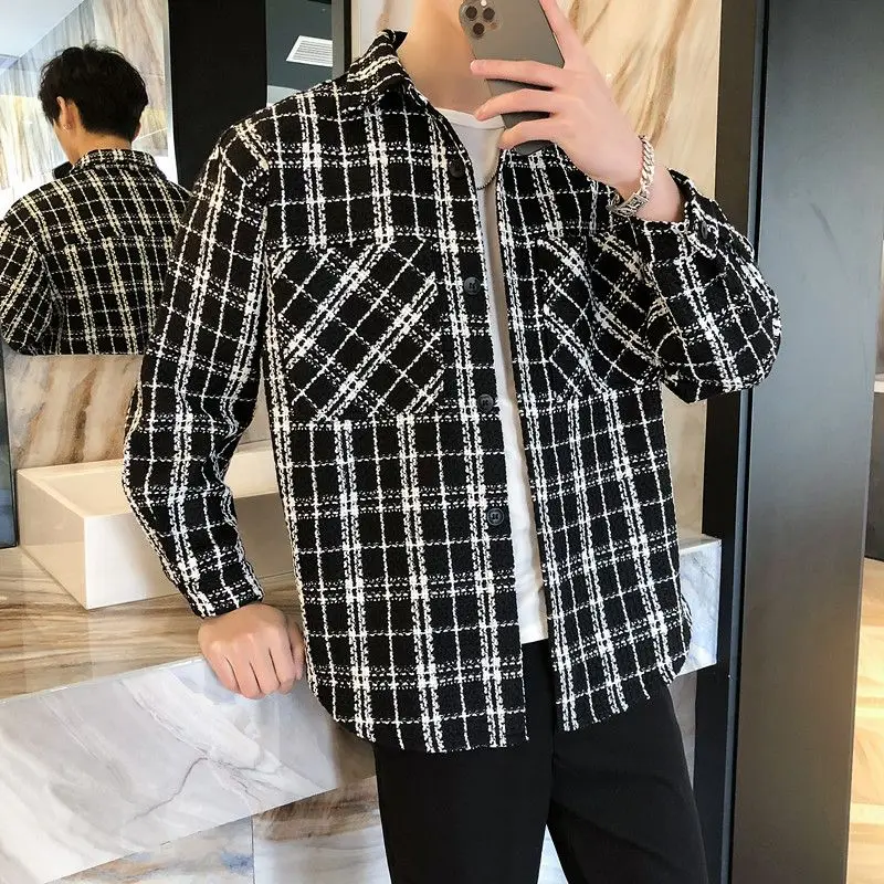 Bla الأبيض منقوشة الرجال الربيع Jaet Little Fraance Sle معطف الصوف زوجين ملابس خارجية عادية فضفاضة تناسب طويلة Sve #3