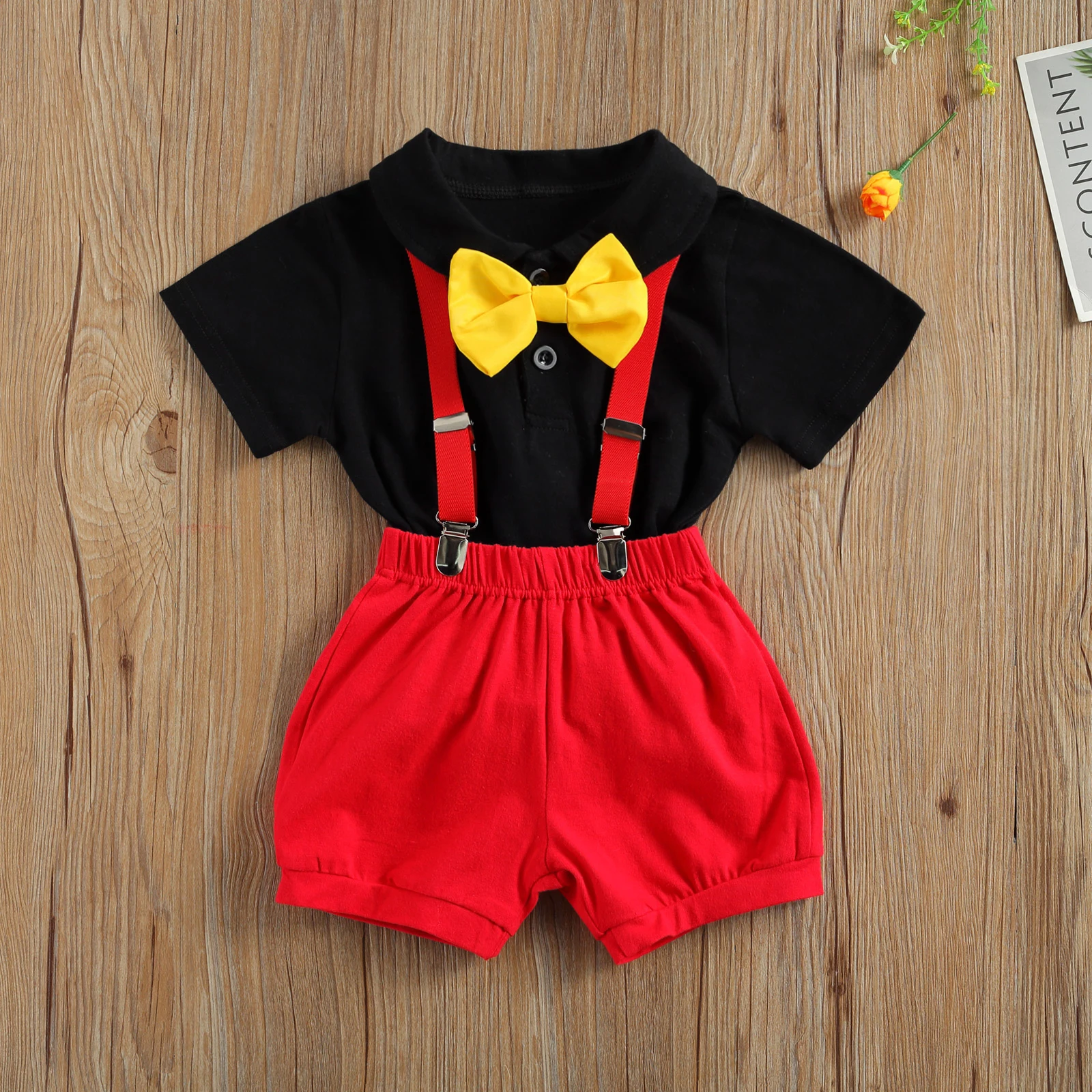 

Summer Baby Boys Clothes Gentleman Set Short Sleeve Bow Tie Decorations Solid Color Romper with Suspenders Short Pants 2Pcs