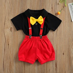 Zomer Baby Jongens Kleding Gentleman Set Korte Mouw Bow Tie Decoraties Effen Kleur Romper Met Bretels Korte Broek 2 Stuks