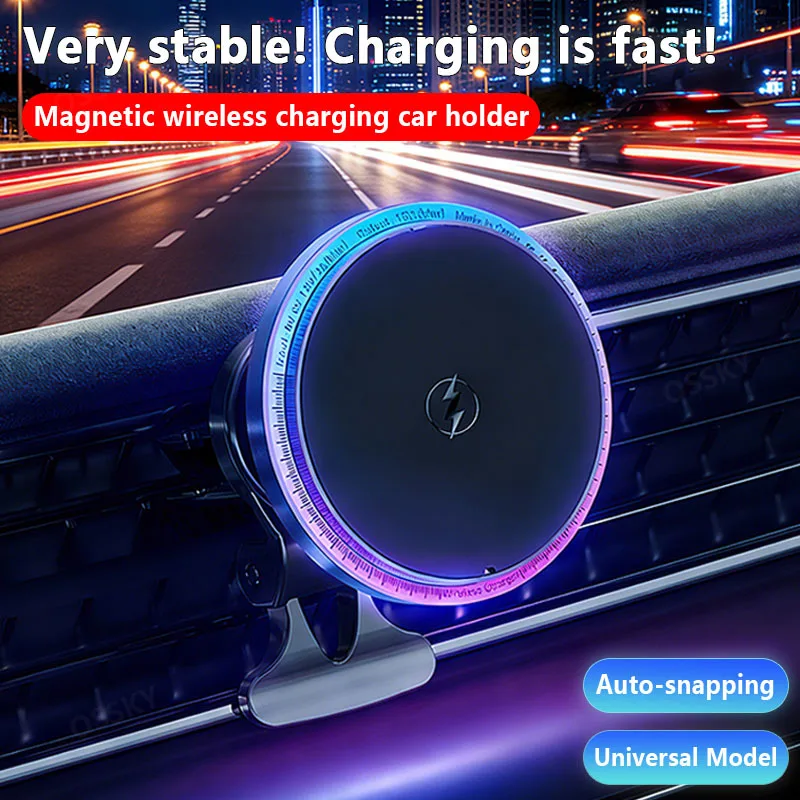 أضواء LED المغناطيسي شاحن لاسلكي حامل السيارة آيفون 12 13 14 15 16 برو ماكس 15 واط شحن سريع حامل هاتف السيارة العالمي