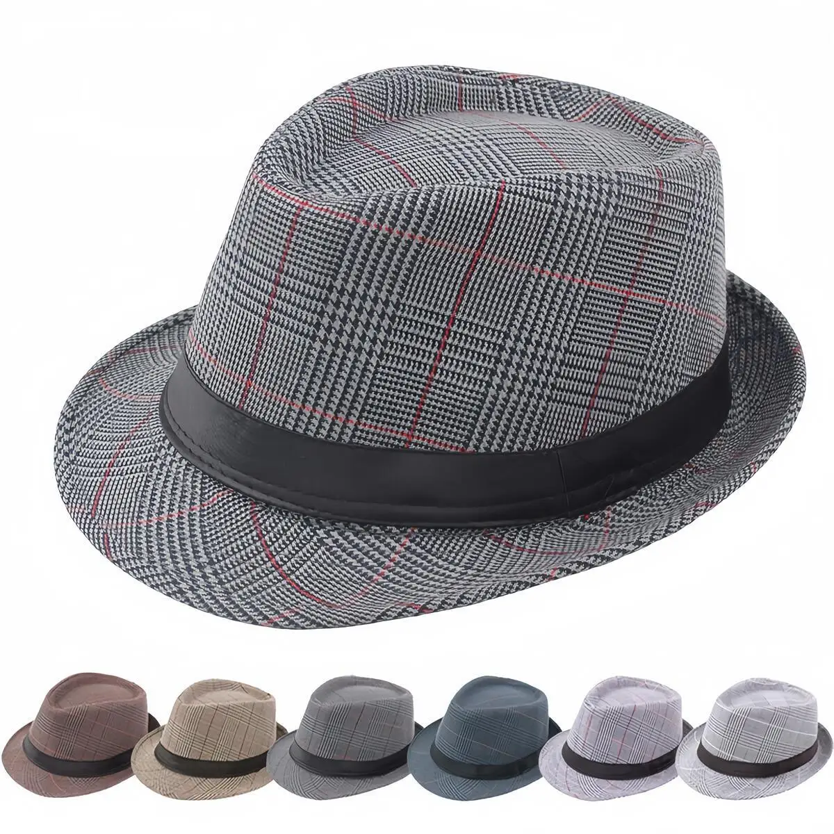 Klassieke Houndstooth geruite hoeden Geweven Fedora Herenhoed Raster Jazz Brede rand Trilby Hoed Outdoor Zonnescherm Britse Vintage Hoed