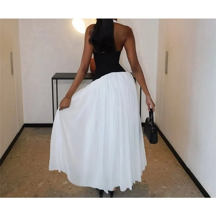 Elegant Women's Dress 2025 Summer Fashion Sexy V-neck Hanging Neck Color Blocked Splicing Waist Cinching Sleeveless Long Skirt