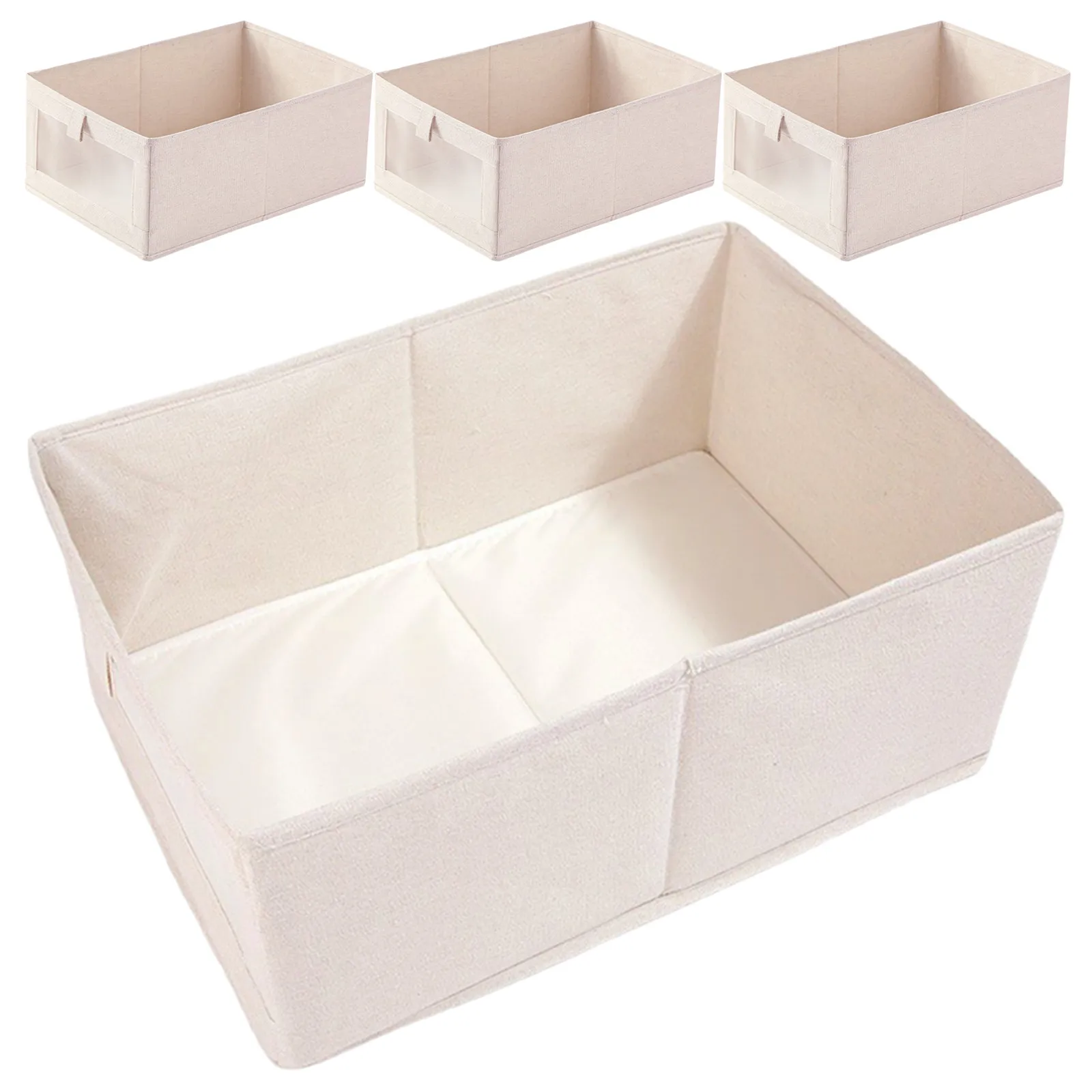 4Pcs Foldable Storage Bin Cotton Linen Fabric Closet Organizer Box Transparent Window Wardrobe Storage Box Clothes Bedding