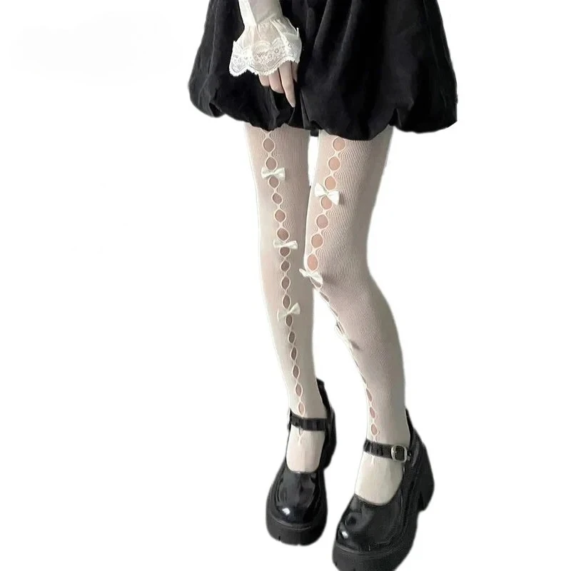 

Lolita Girl Fishing Net Lace Pantyhose Bowknot Hollow Out Pantyhose Sexy Thin Ins Tide Tights Anime Socks Black White Stockings
