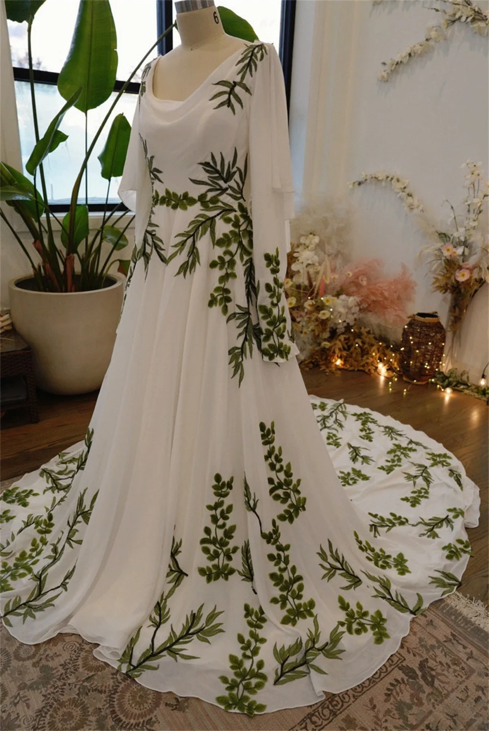 Cathy White Chiffon Wedding Dress Green Lace Appliques فساتين سهرة Elegant Floor-length Long Train vestidos de fiesta 2024