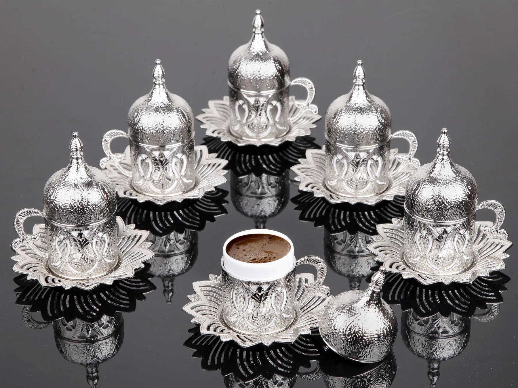 Espresso Coffee Cup with Saucer and Lid Set 6, Turkish Arabic Greek Porcelain Coffee Set, white/Silver by LaModaHome