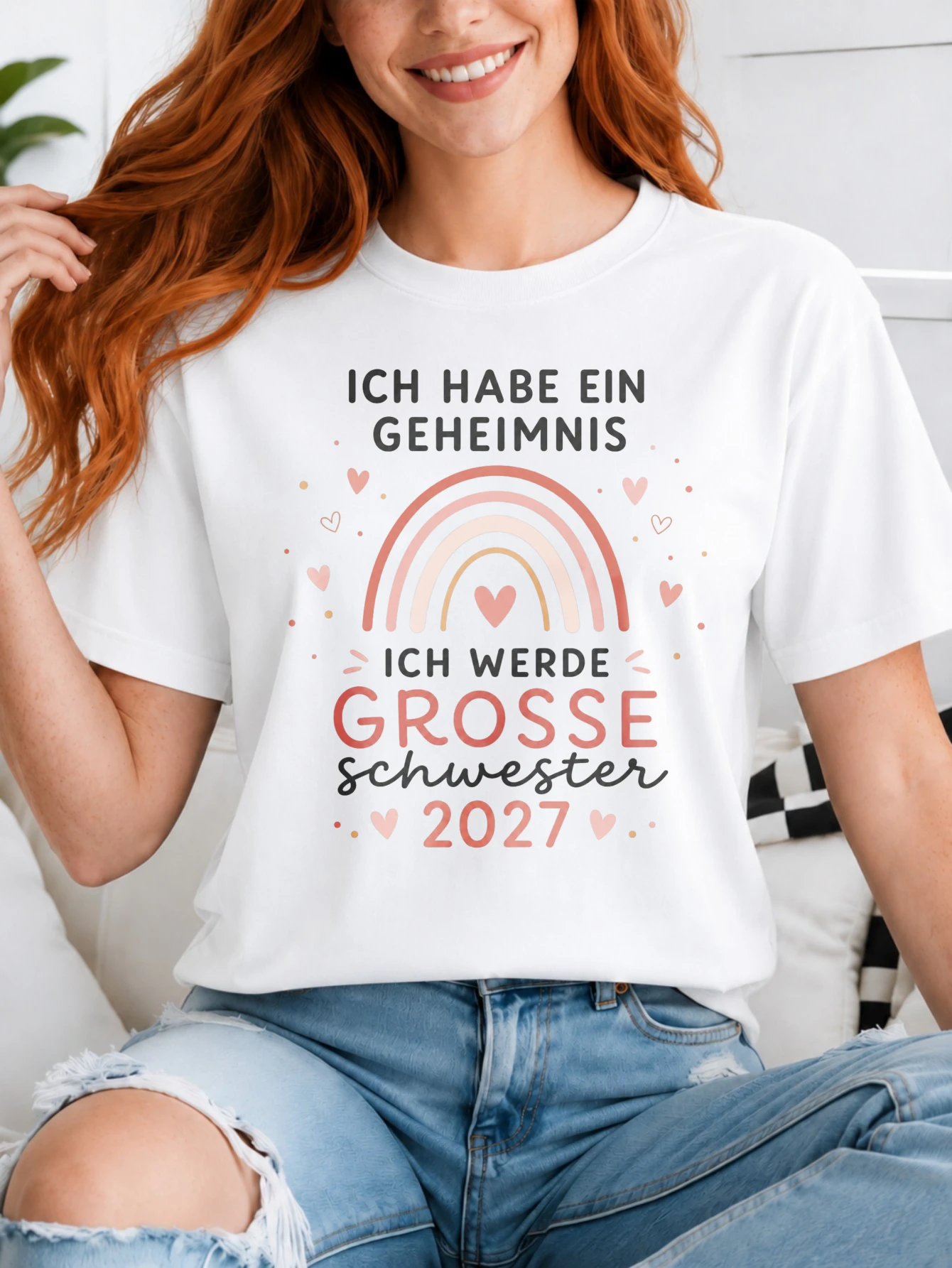 Ich Werde Grosse Schwester 2027 soft peach rainbow and heart dots with clean German sister reveal  Unisex All T-Shirt