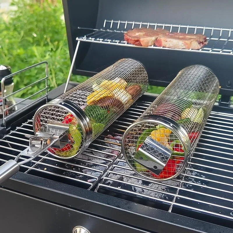 For Barbecue Cage, Stainless Steel Rolling Barbecue Tub Mesh, Round Grill Basket