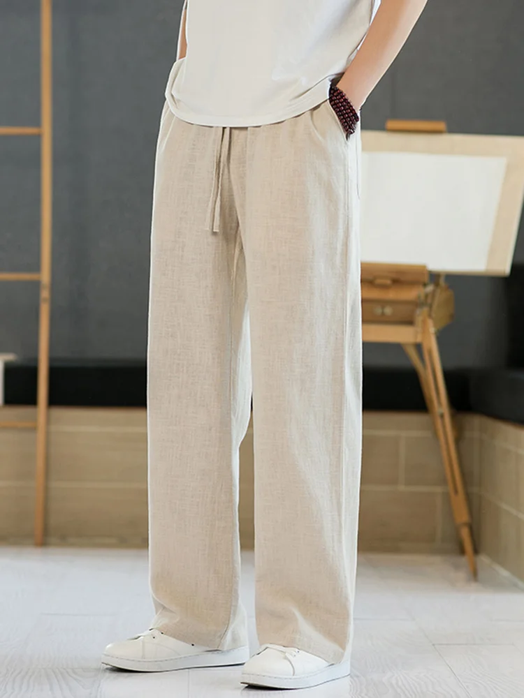 

High-End Pure Color Linen Men's Summer Loose Straight Wide Leg Drapey Floor-Length Pants Cotton Linen Casual Trousers
