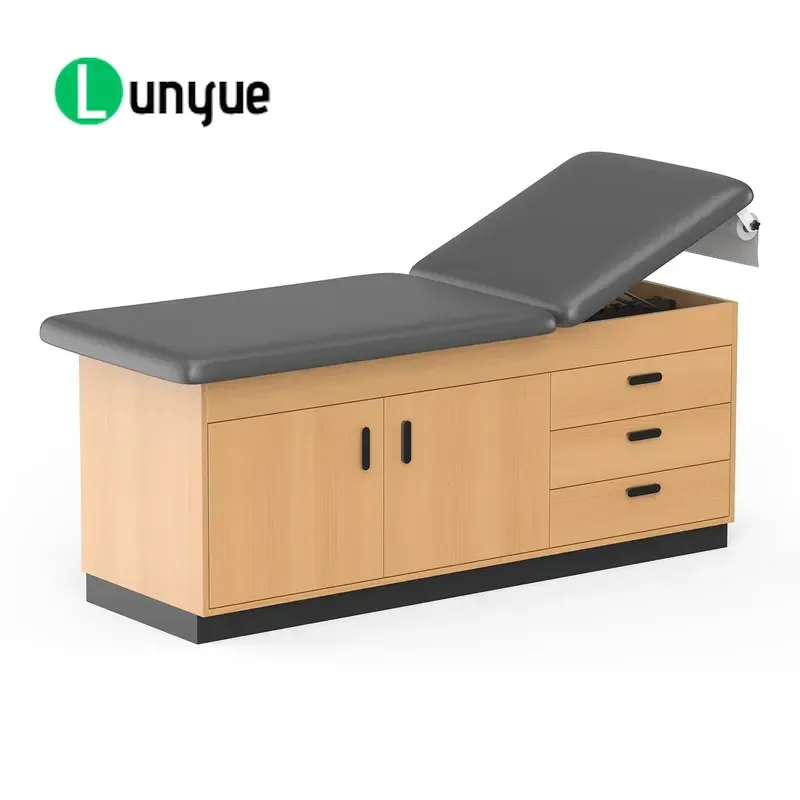 Manual Hospital Bed with Three Drawers and Two Doors Leather Wood Medical Examination Massage Treatment Bed for Hospital Use