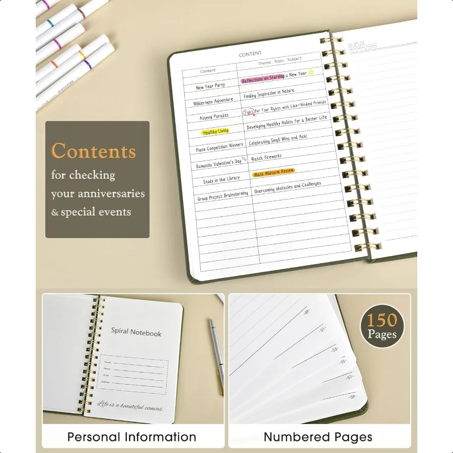 Lined Spiral Journal Notebook A5 Hardcover Spiral Journals for Women Men 150 Numbered Pages Spiral Bound Notebook 100 GSM Colle
