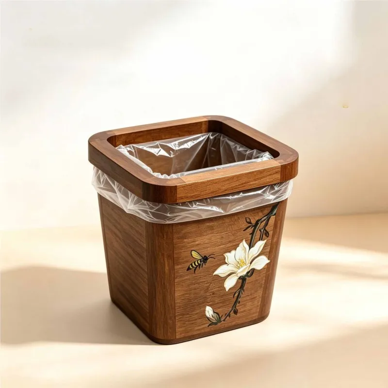 Wooden Desktop Mini Trash Can Walnut Hand-painted Pattern Office Tea Table Study Room Easy Storage Paper Basket Waste Box ZJ337