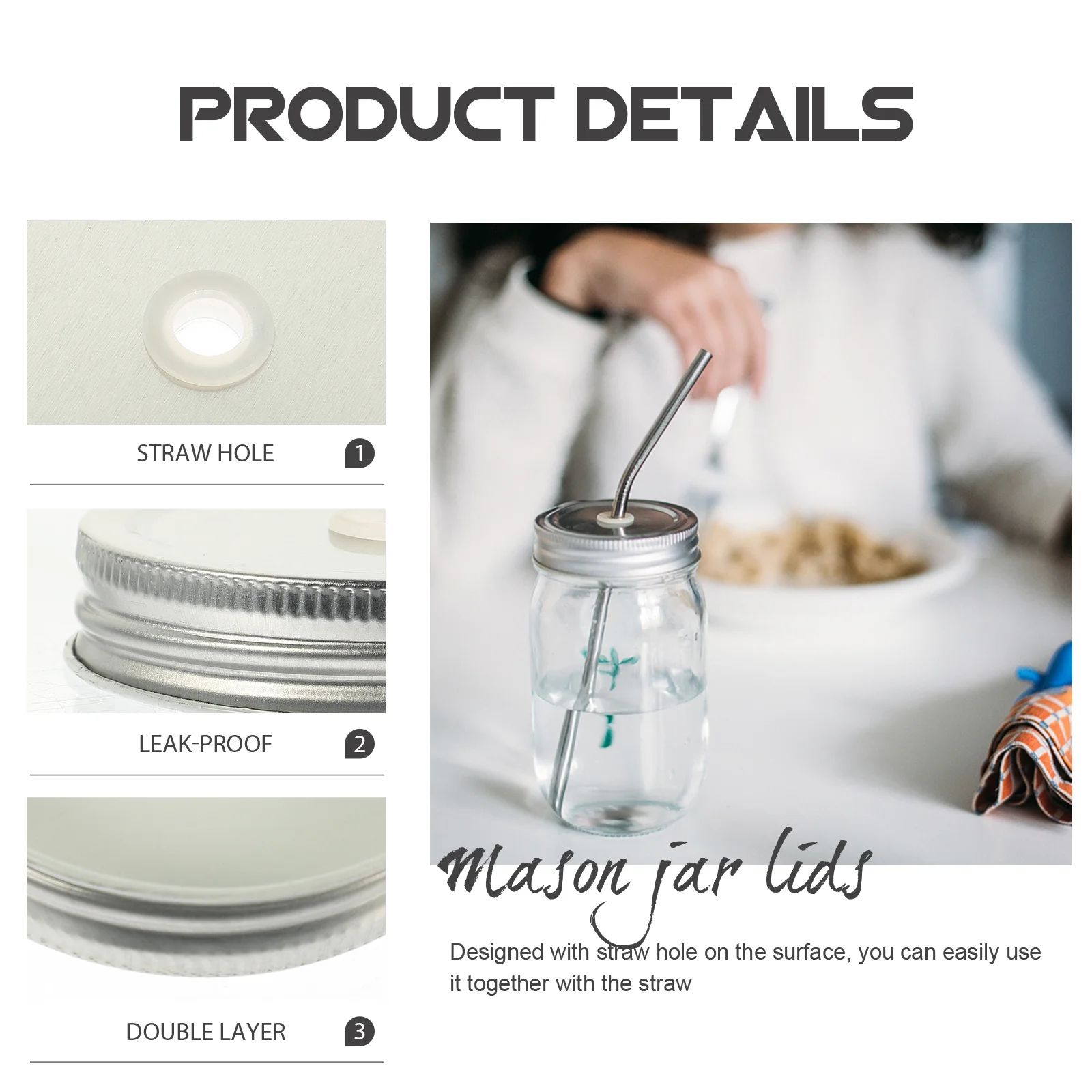 

12Pcs Leak Proof Jar Lids with Straw Hole Iron Mason Jar Covers for Food Storage Sealing Canning Caps Cup Lids