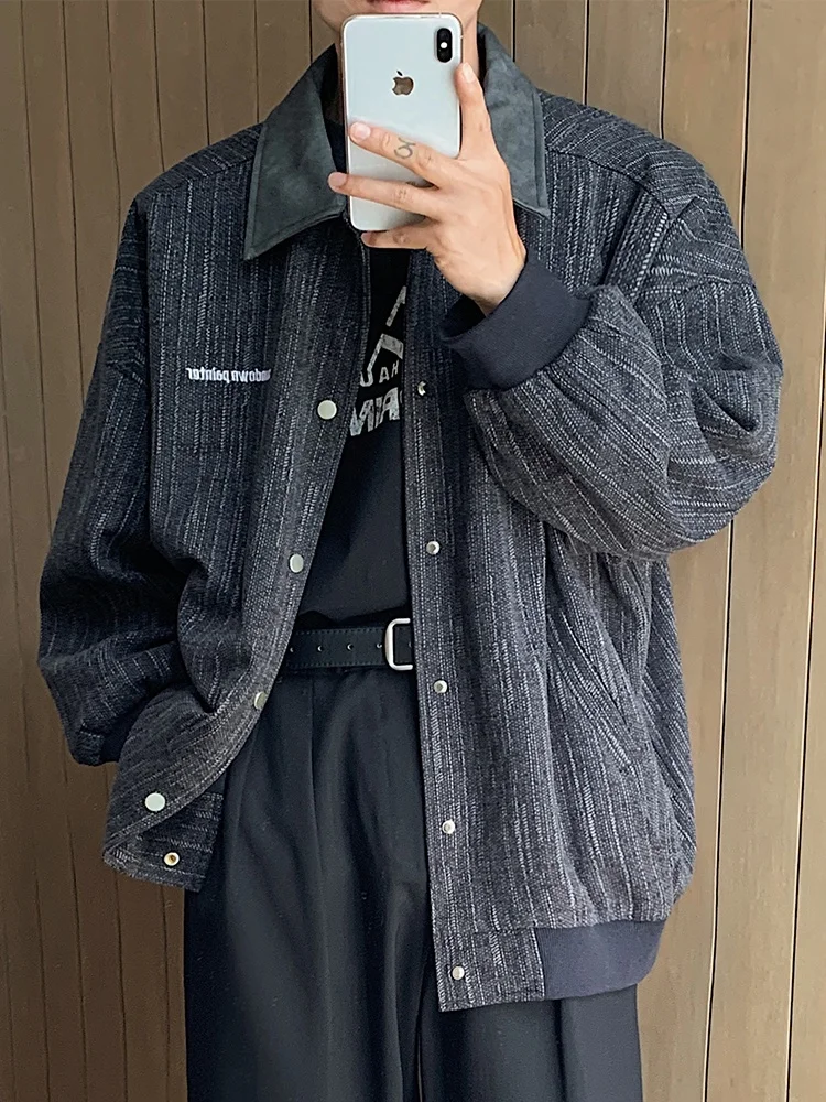 

Loose Fit American Sle Retro Color Blo Detroit Jaet for Men Spring Autumn Casual Trendy Brand Turn down Collar Top