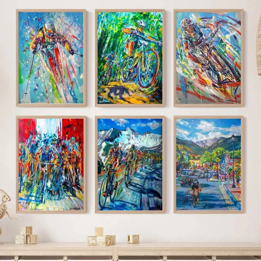 Abstract Sport Oil Painting Paper Poster Colorful Cyclist Skier Dynamic Graffiti Print Cycling Ski Gym Living Room Wall Decor