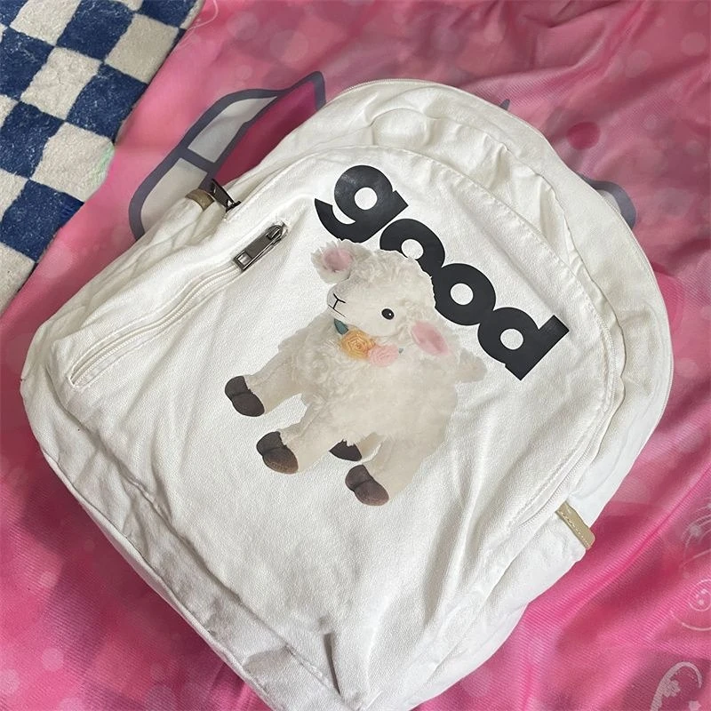 Cartoon Cute Sheep Print Schoolbags Japanese Anime Preppy Kawaii Girls Backpack Y2k Aesthetic Harajuku High-capacity Canvas Bags