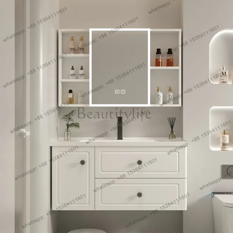 Badezimmerschrank aus Weltraumaluminiumlegierung, Keramik-Waschbecken-Kombination, moderner, schlichter Waschtisch