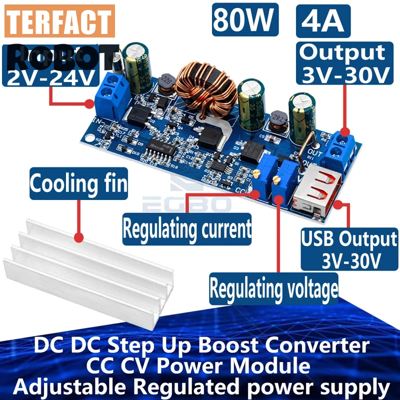 80W 4A DC-DC boost converter module with CC/CV adjustment| 2-24V to 3-30V input/output, supports multiple voltages