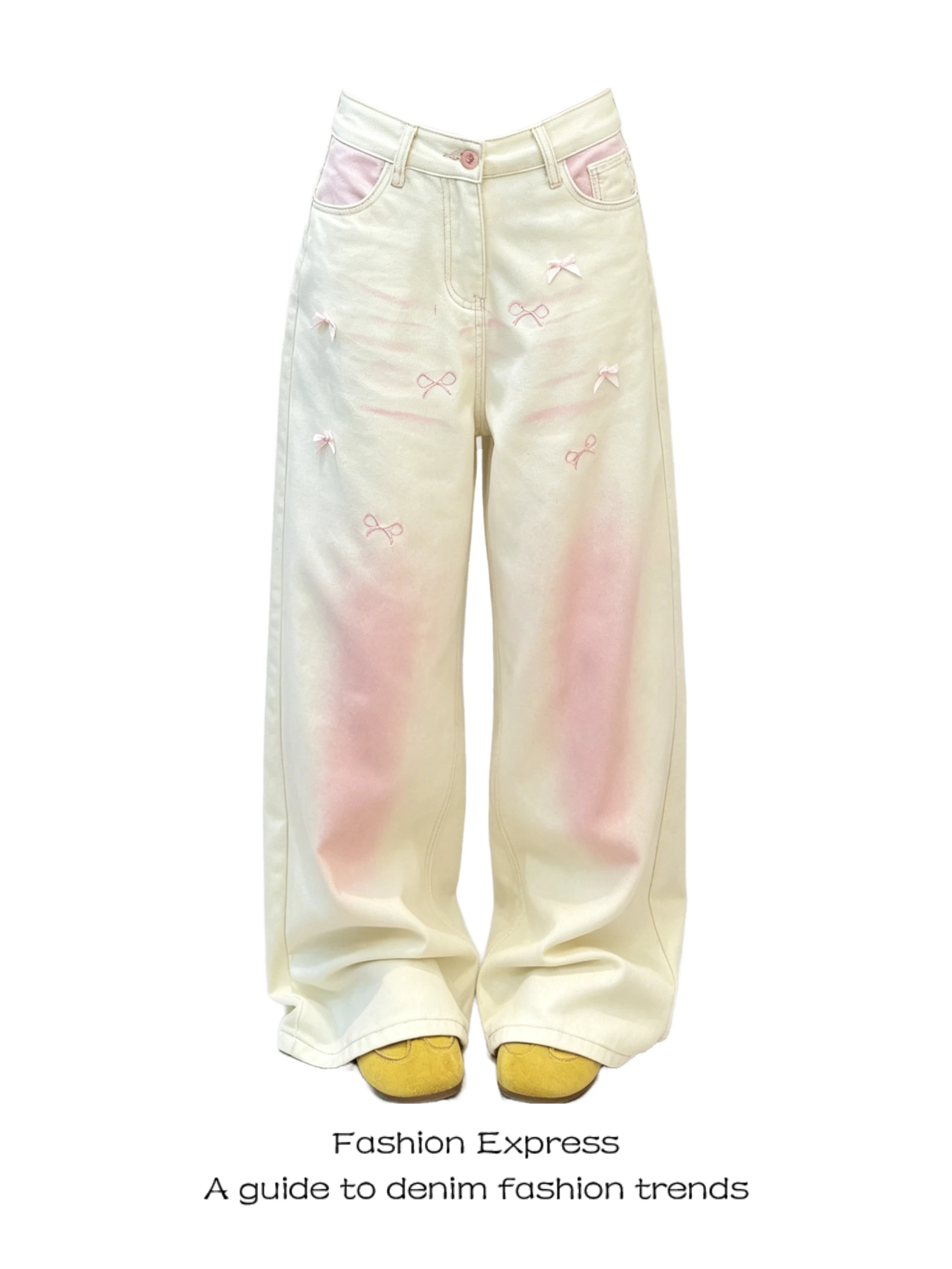 

Women's Embroidered Denim Jeans High Waist Straight Leg Gradual Pink Summer Versatile Loose Slimming Wide Leg Jeans