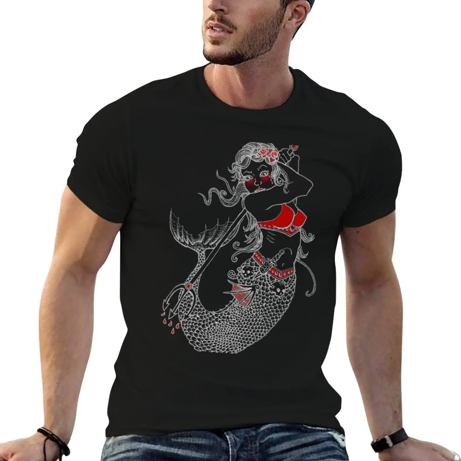 Mermaid Tattoo T-Shirt Casual Street Style Short Sleeve Tee