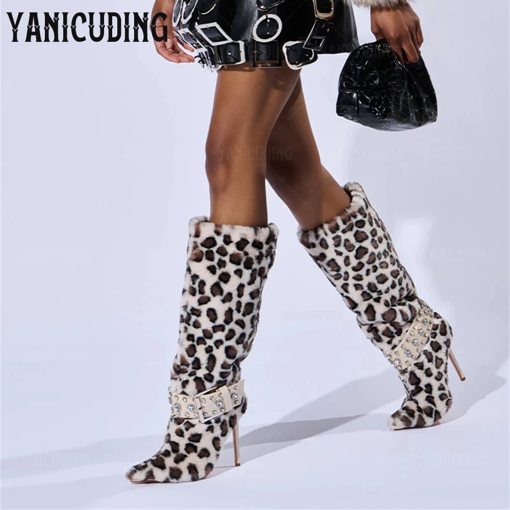 

Leopard Embellished Fur Boots Knee-High Shaft Plush Knee Boots Pointed Toe Stiletto Boots Luxury Crystal Belt Buckle Warm Boots