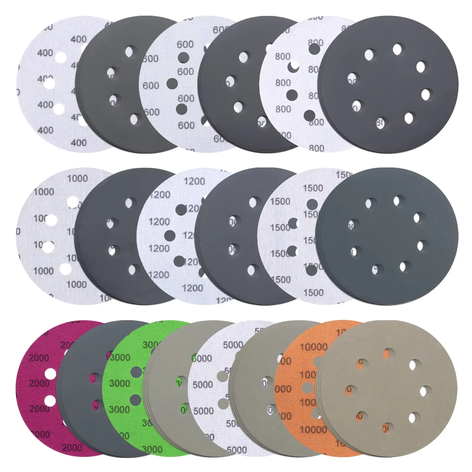 

50Pcs Wet Dry Sanding Disc 5Inch 8Hole Hook Loop Sandpaper 400-7000 Grit Assorted for Wood Finishing Metal Sanding Car Polishing