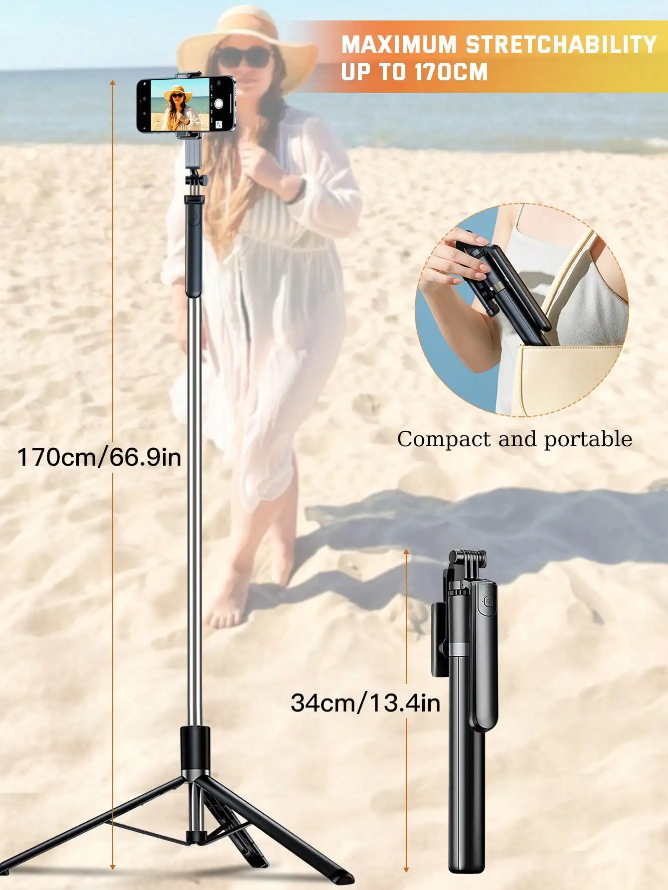

1.8m Bluetooth Remote Control Selfie Stick With Phone Holder, Suitable For Video Recording, Life Logging, Extendable, 360° Rotation, Anti-Shake, Foldable & Portable Tripod Monopod, Compatible With IOS And Android Phones, Applicable For Summer Vacation, Tr
