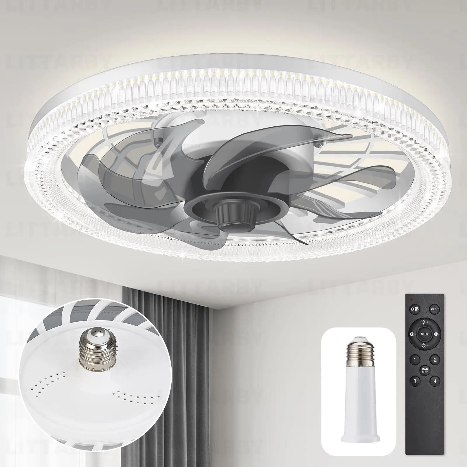 

Ceiling Fan with Light, Socket Fan Light with Remote, Dimmable 3000K-6000K,Socket Modern Flush Mount Ceiling Fan for Bedroom
