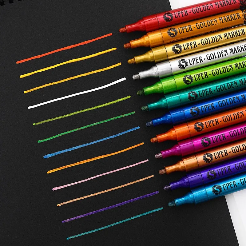 GuangNa 12 Colored Set Metallic Acrylic Acid Paint Markers 예술용 Painting High Gloss Signature Graffiti Marker Pens Art Supplies