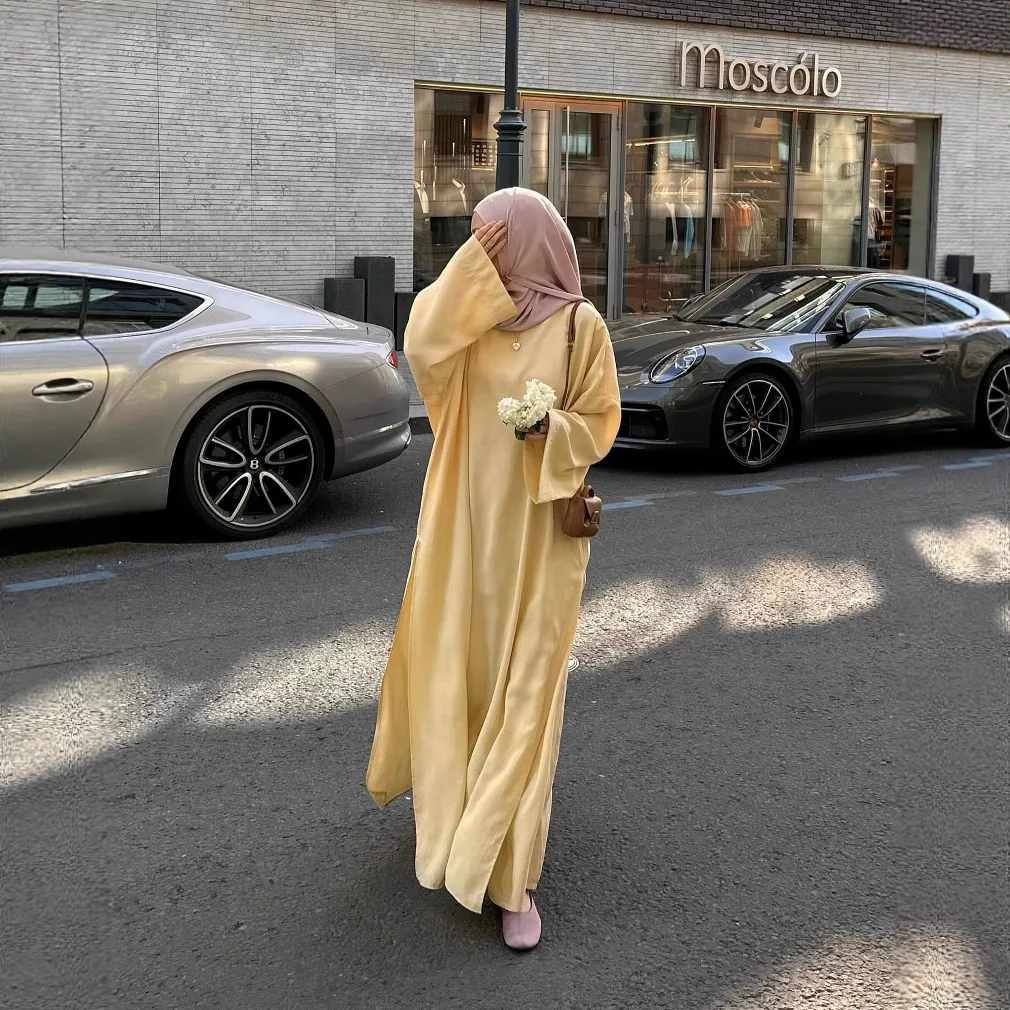 

Fashion 2 Pcs Muslim Sets with Soft Matching Under Dress+pants Set Muslim Women Dresses Solid Color Abayas Suit