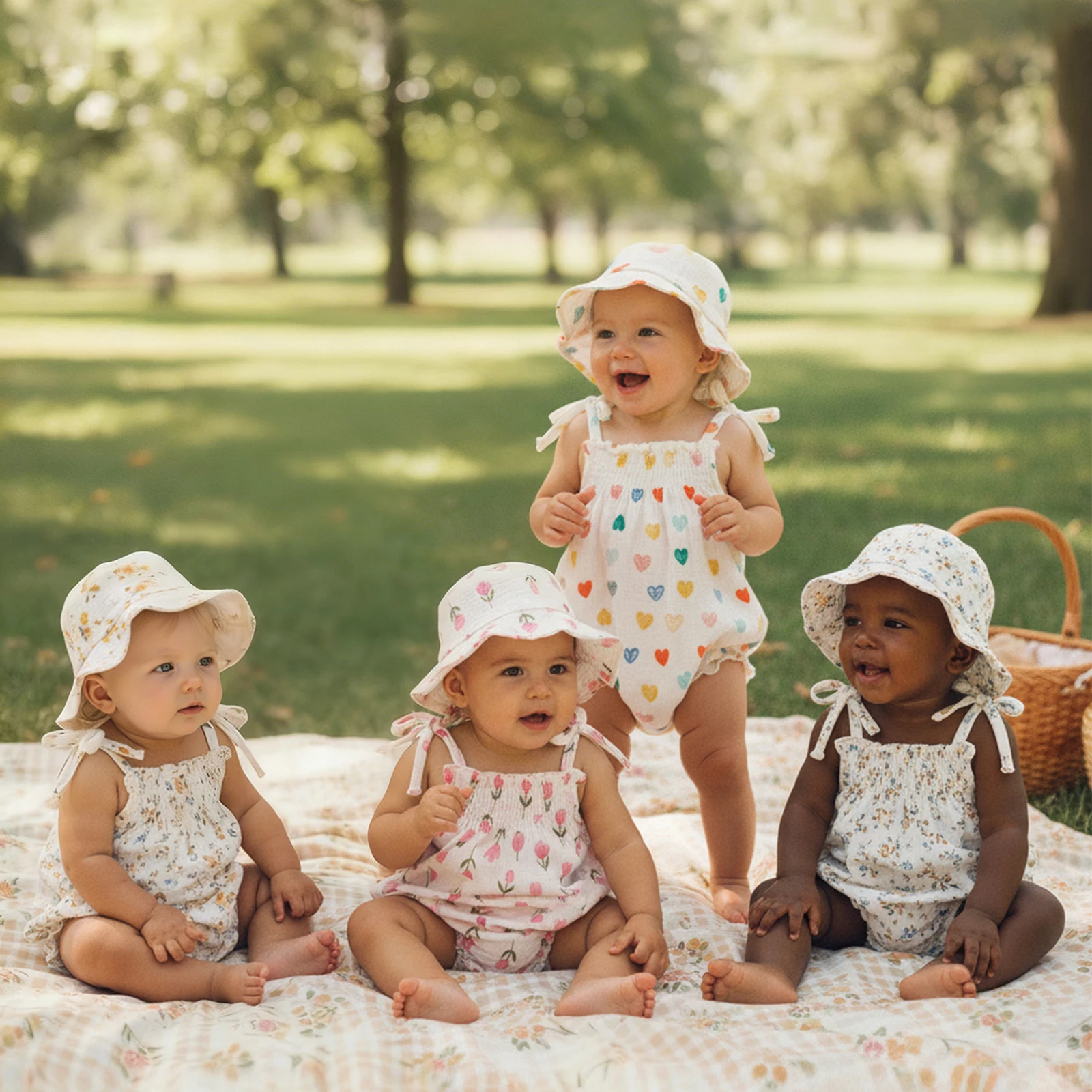 

Summer Infant Baby Girls Sweet Bodysuit Sleeveless Strap Floral Overalls Hat Casual Clothes