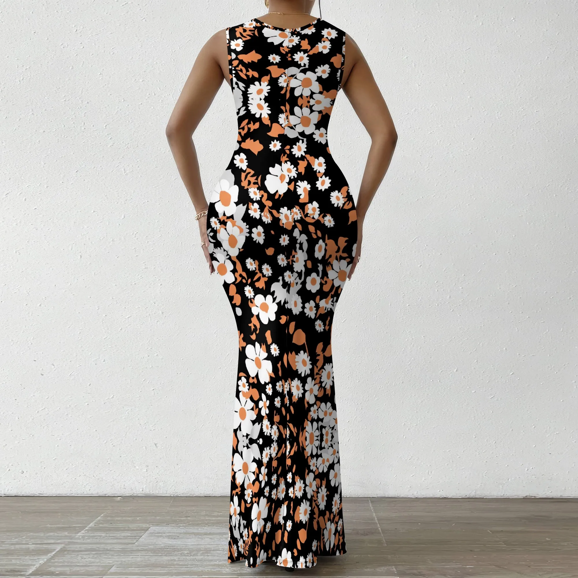 Vestido maxi feminino sem mangas com decote em V preto branco laranja margarida estampa floral elegante vestido bodycon