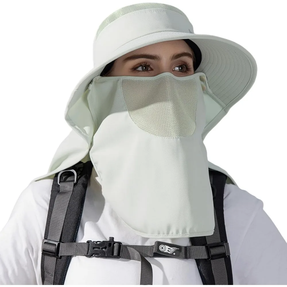 

Women Wide Brim Sun Hat Ponytail UV Protection Visor Fishing Hats Face Mask Detachable Neck Flap