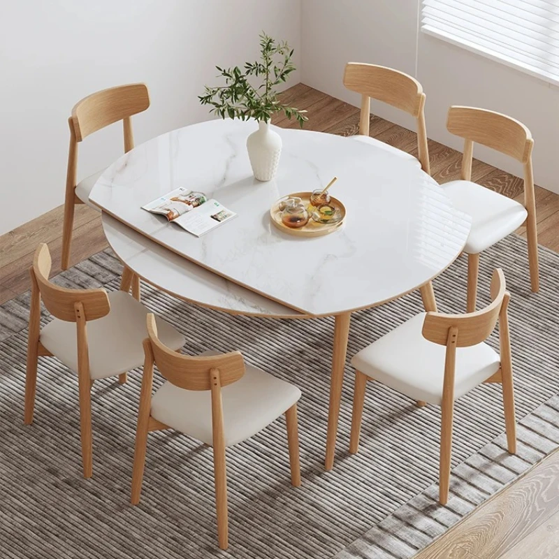 A wood log color rock slab dining table square and round dual-purpose retractable folding stretching