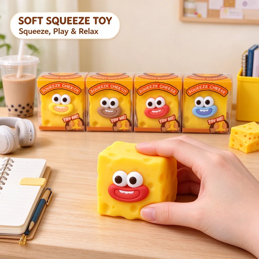 Cute Cheese Block Squishy Toy Slow Rising Novelty Fidget Stress Relief Artifact Funny Expression Cheese Pinch Toy Perfect Christmas Birthday Halloween Party Gift Good Choice For Kids Students Friends Holiday Present
