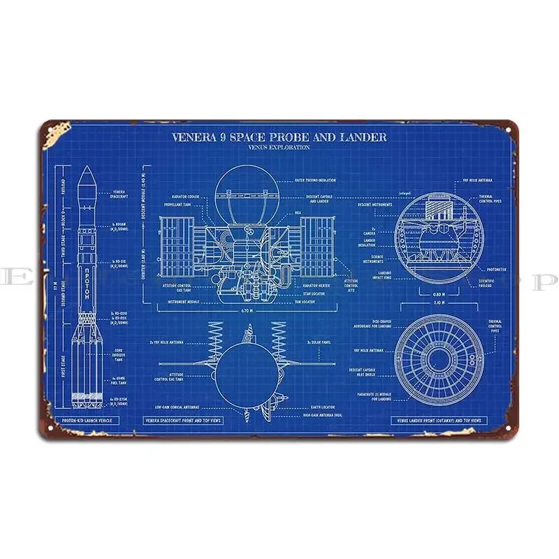 Venus Exploration Venera Spacecraft And Lander Blueprint English Metal Plaque Poster Party Mural Design Club Bar Tin Sign Poster