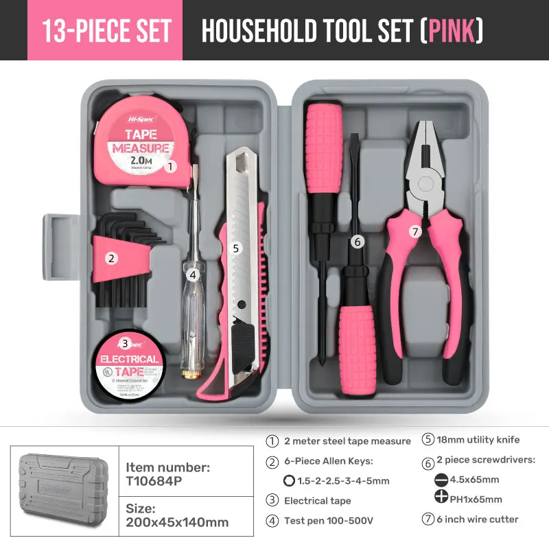 13pc Pink Womens Ladies Small Compact Hand Tool Kit Set for Home & Office DIY.  Repairs in a Portable Tool Box Case