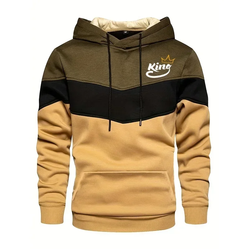 King Print Three Splice Hoodies Mens Long Sleeve Spring Casual Sweatshirt Hooded Top Male Outdoor Sport Jogging Sweater